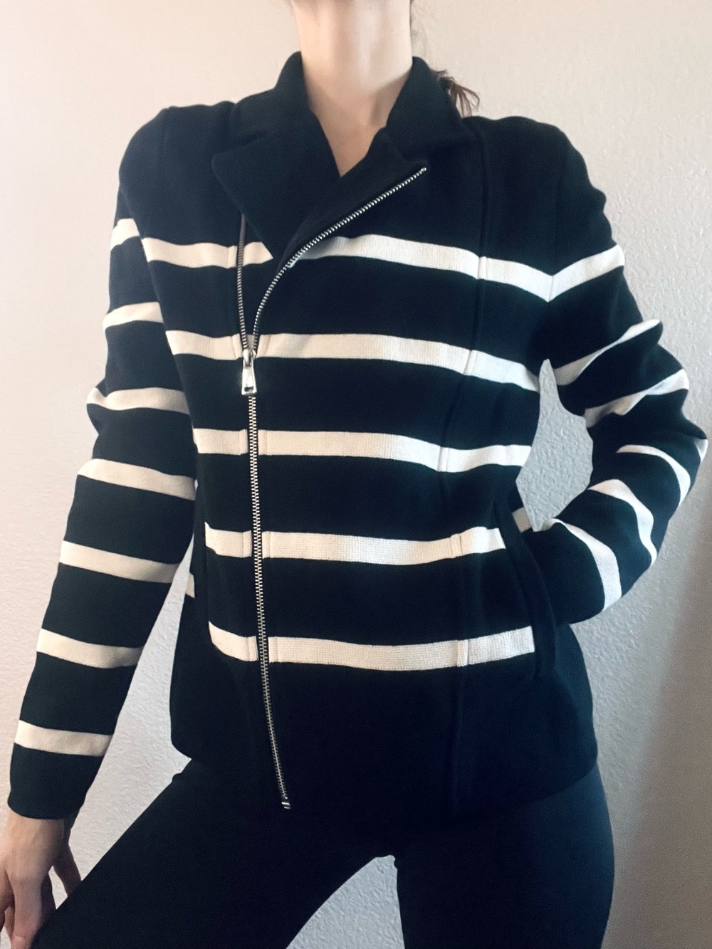 Lauren Ralph Lauren Black & White Striped Zip-Front Sweater Jacket